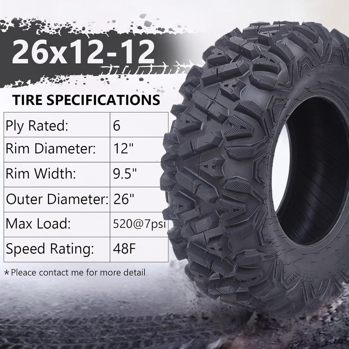 Set Of 2 All-Terrain ATV/UTV Off-Road Tires, 26x12-12, 6PR, Black