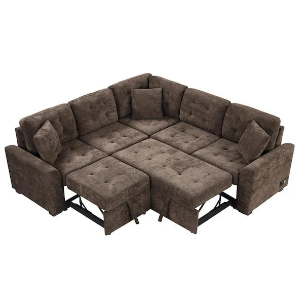 82.6 in L-Shaped Corded Velveteen Sectional Sleeper Sofa, Brown, USB Ports And Power Sockets - 82.6 in W x 82.6 in D x 33 in H