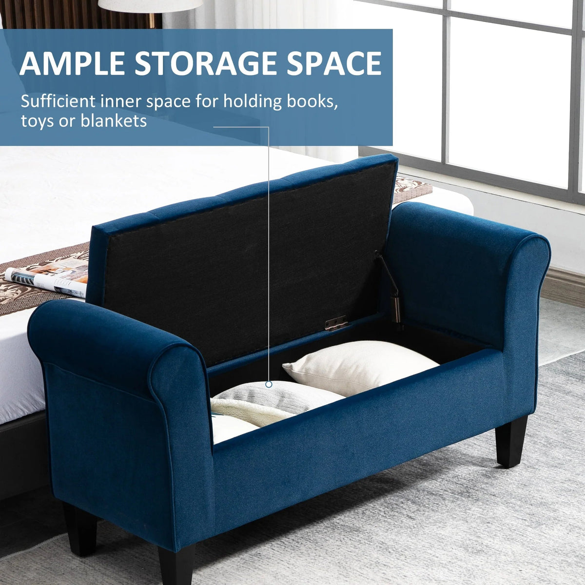 Button-Tufted Storage Ottoman Bench, Polyester and Rubberwood, 53.25in W x 17.75in D x 25.5in H