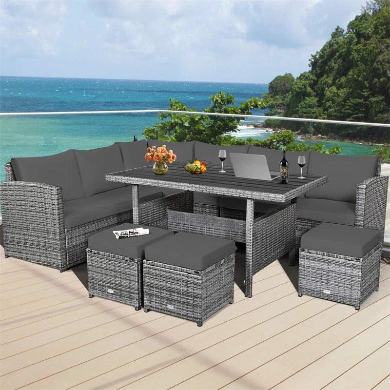 7-Piece Rattan Patio Dining Set With 3 Corner Chairs, 3 Ottomans And Table