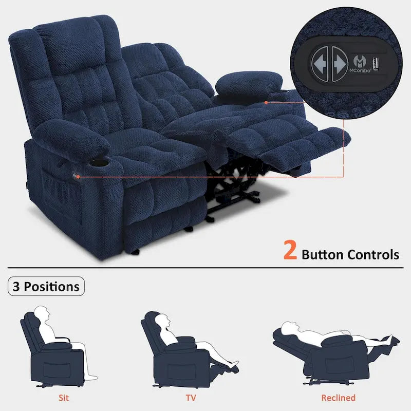 MCombo Power Reclining Loveseat With Heat, Vibration, Cupholders And USB Charge Ports - RS6314