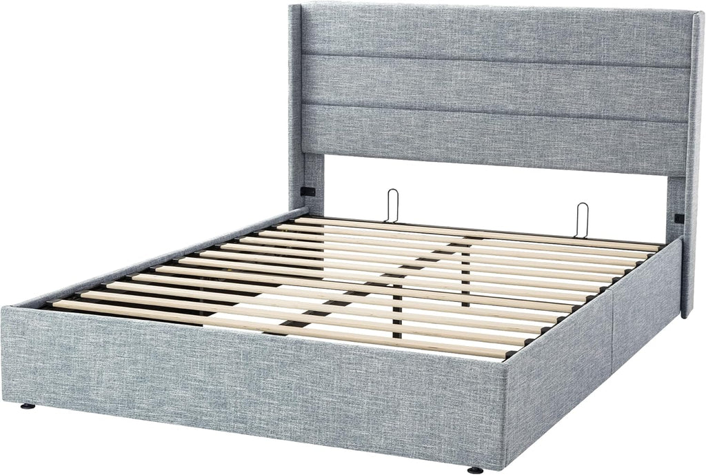 Queen Size Lift-Up Storage Bed With Wingback Headboard, Upholstered Platform Bed Frame With Hidden Storage