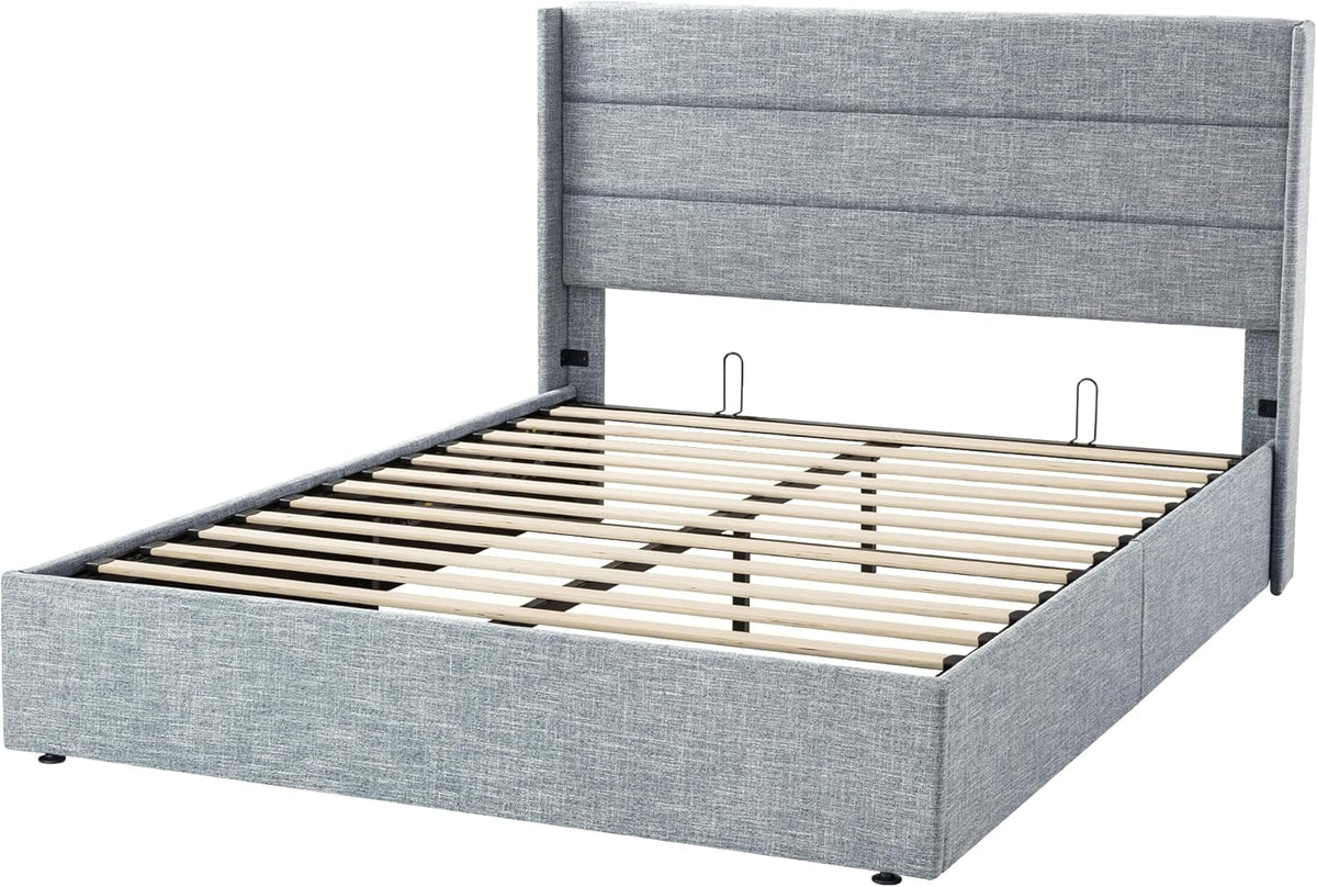 Queen Size Lift-Up Storage Bed With Wingback Headboard, Upholstered Platform Bed Frame With Hidden Storage