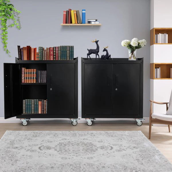 Lockable Metal Garage Storage Cabinet With Wheels, 2 Doors, 34 H X 30.3 L X 18 W - Garage Storage Cabinets