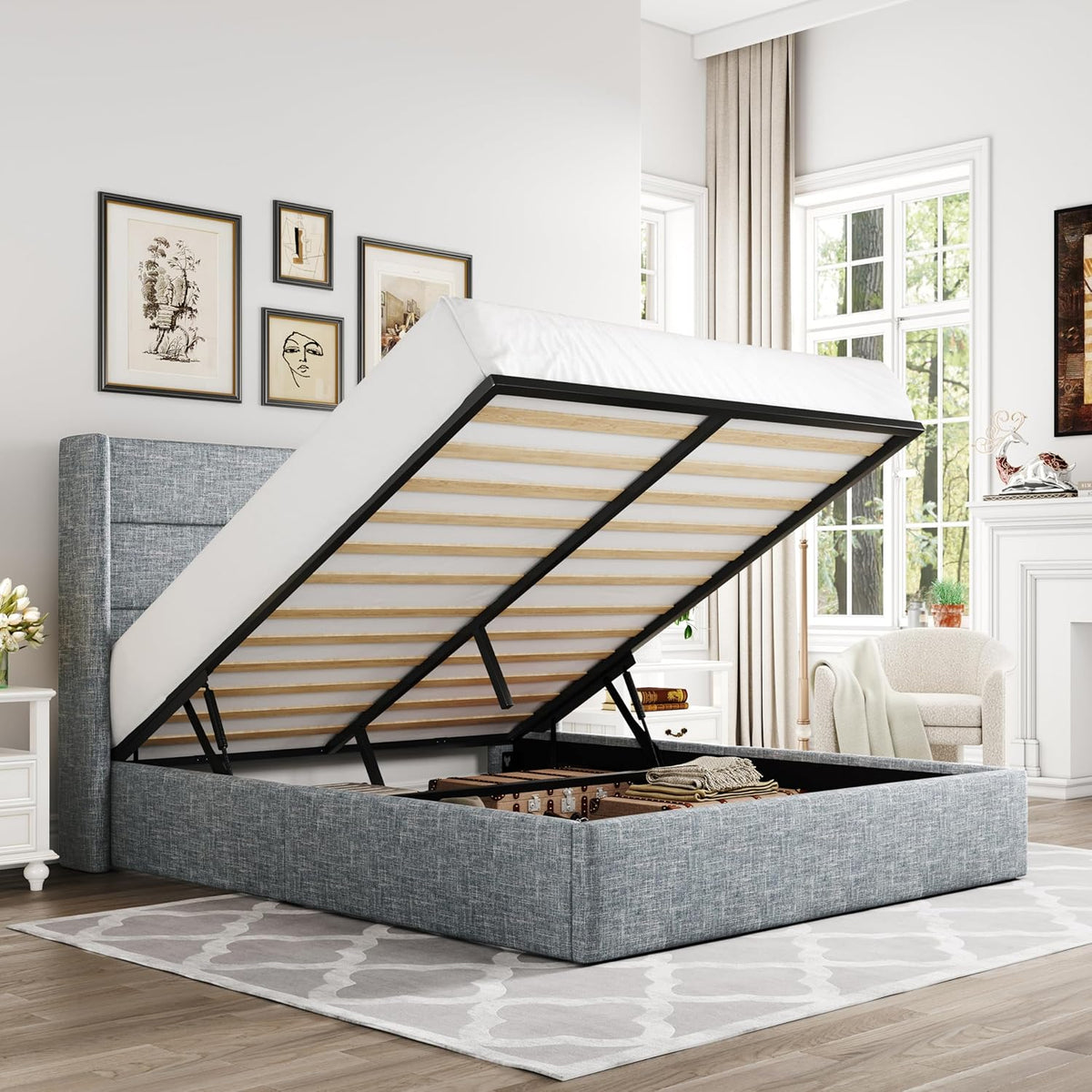 Queen Size Lift-Up Storage Bed With Wingback Headboard, Upholstered Platform Bed Frame With Hidden Storage