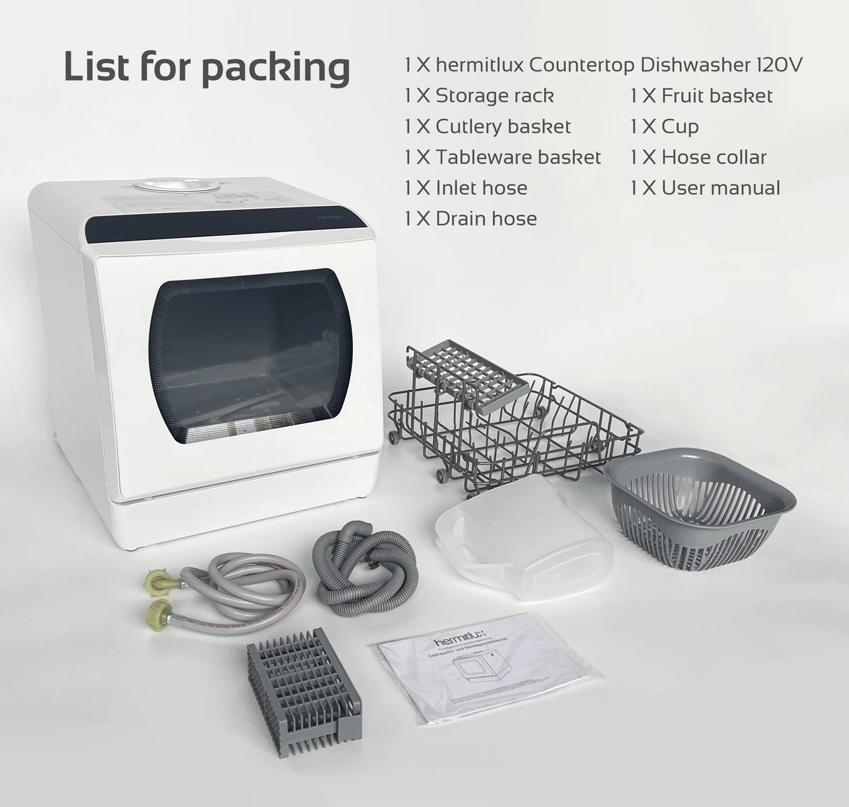 Hermitlux Portable Countertop Dishwasher, 5L Built-In Water Tank, 4 Place Settings - HMX-DW03