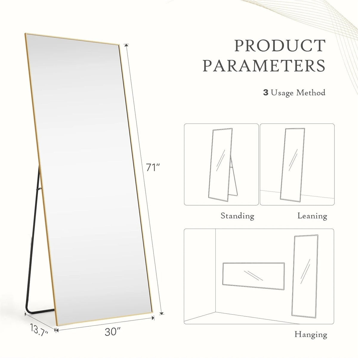 Full-Length Floor Mirror With Stand, Aluminum Alloy Frame - 71x30