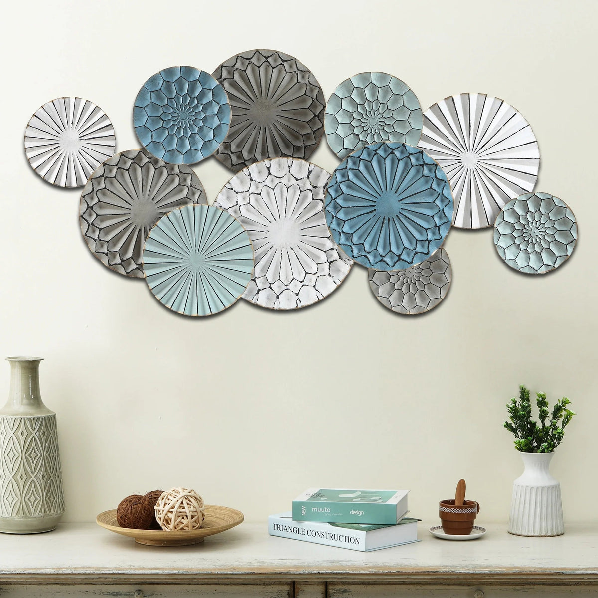 Metal Floral Wall Decor, 24.8 in H x 48.03 in W x 2.56 in D, Blue White Gray