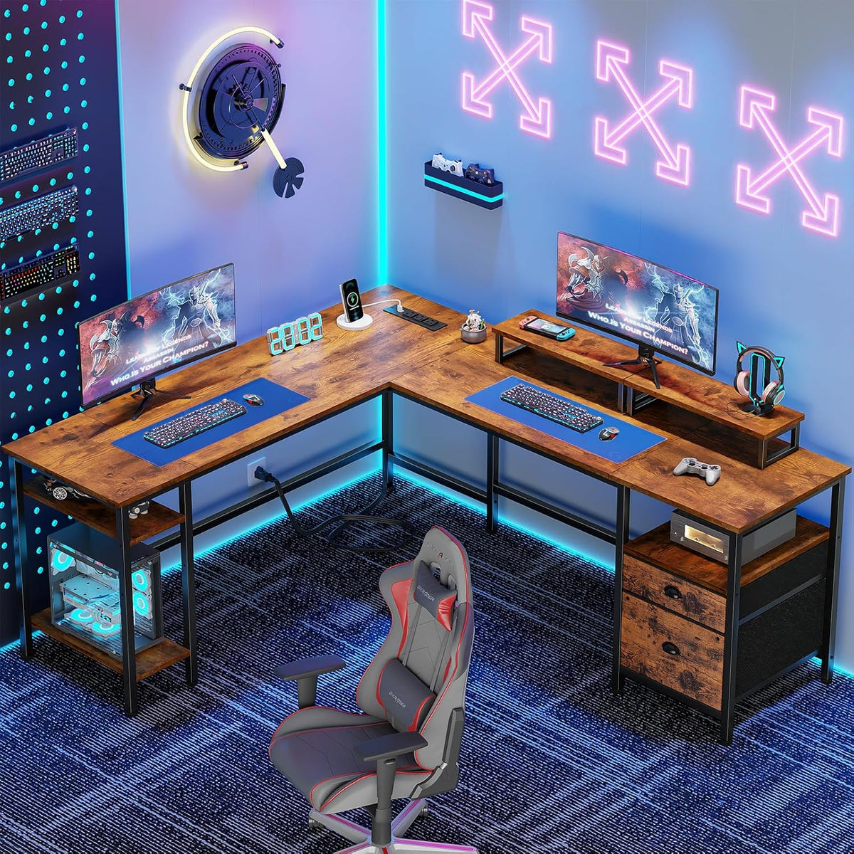 66 Inch Reversible L-Shaped Computer Gaming Desk With Power Outlet, File Drawer, 2 Monitor Stands, Rustic Brown