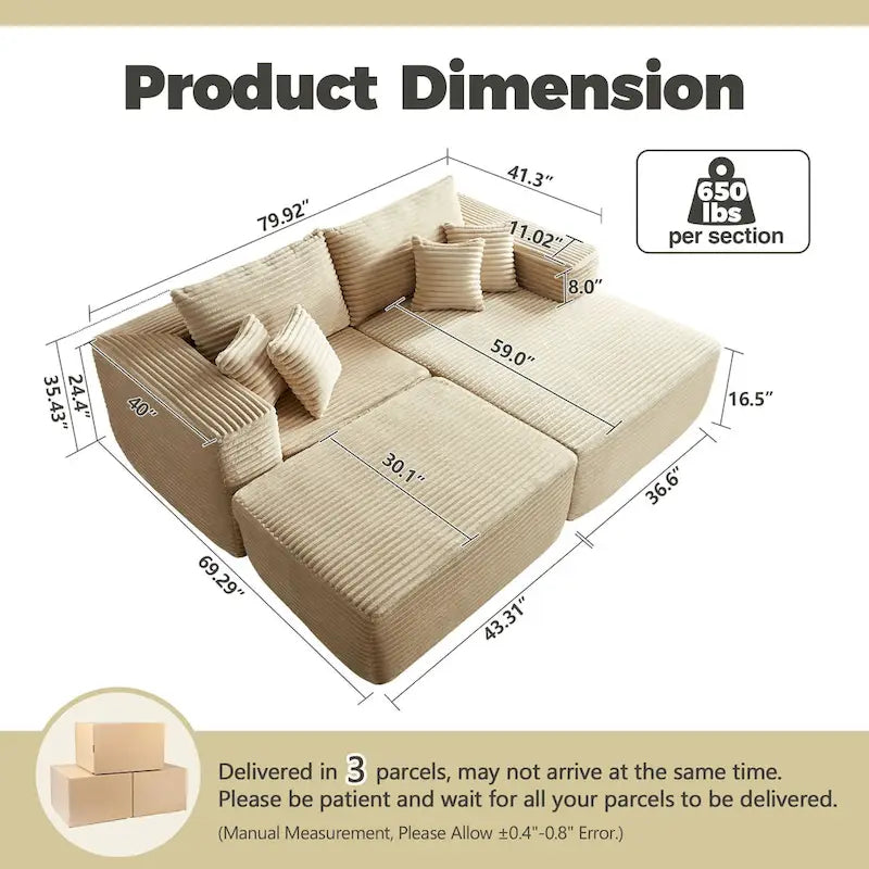 HOOOWOOO Plush L-Shaped Sectional Sofa With Removable Ottoman, 3-Piece, 80L x 69.3W x 35.4H x 59D