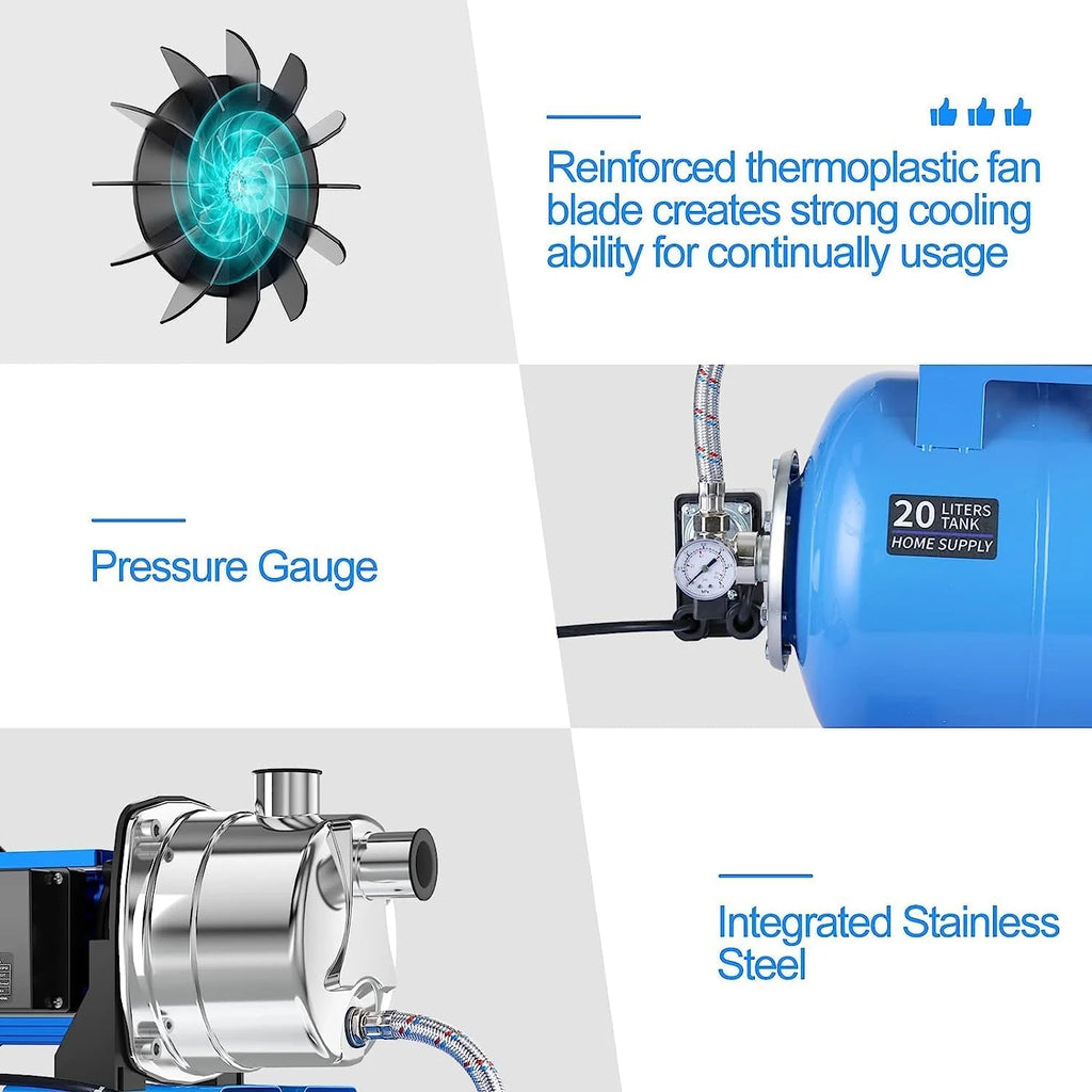 PANRANO 1.6 HP Shallow Well Jet Pump With Pressure Tank, 1268 GPH, Stainless Steel