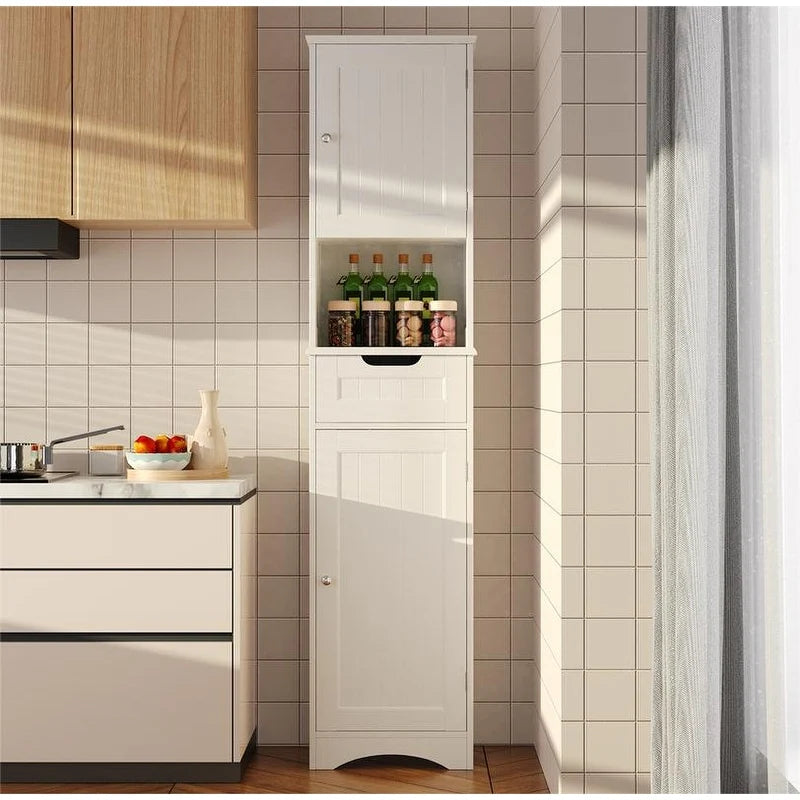 67 Inch Tall Narrow Bathroom Linen Storage Cabinet, 5-Tier Solid Wood Freestanding