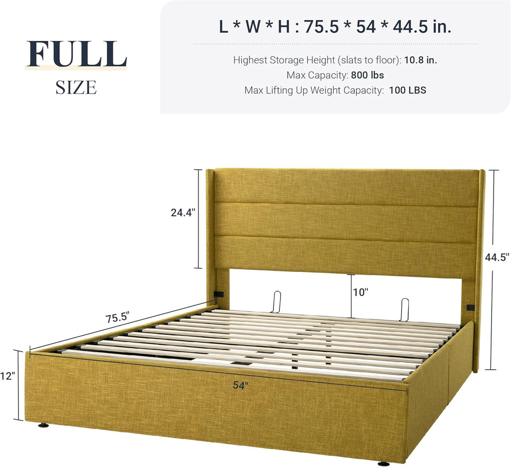Queen Size Lift-Up Storage Bed With Wingback Headboard, Upholstered Platform Bed Frame With Hidden Storage