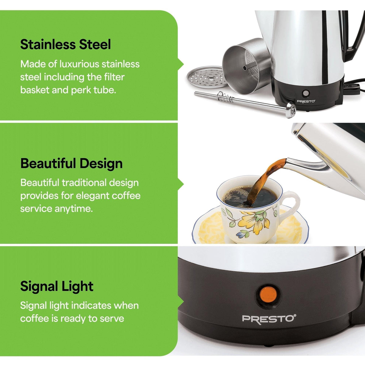 Presto Stainless Steel Percolator Coffee Maker, 2 to 12 Cups, Silver