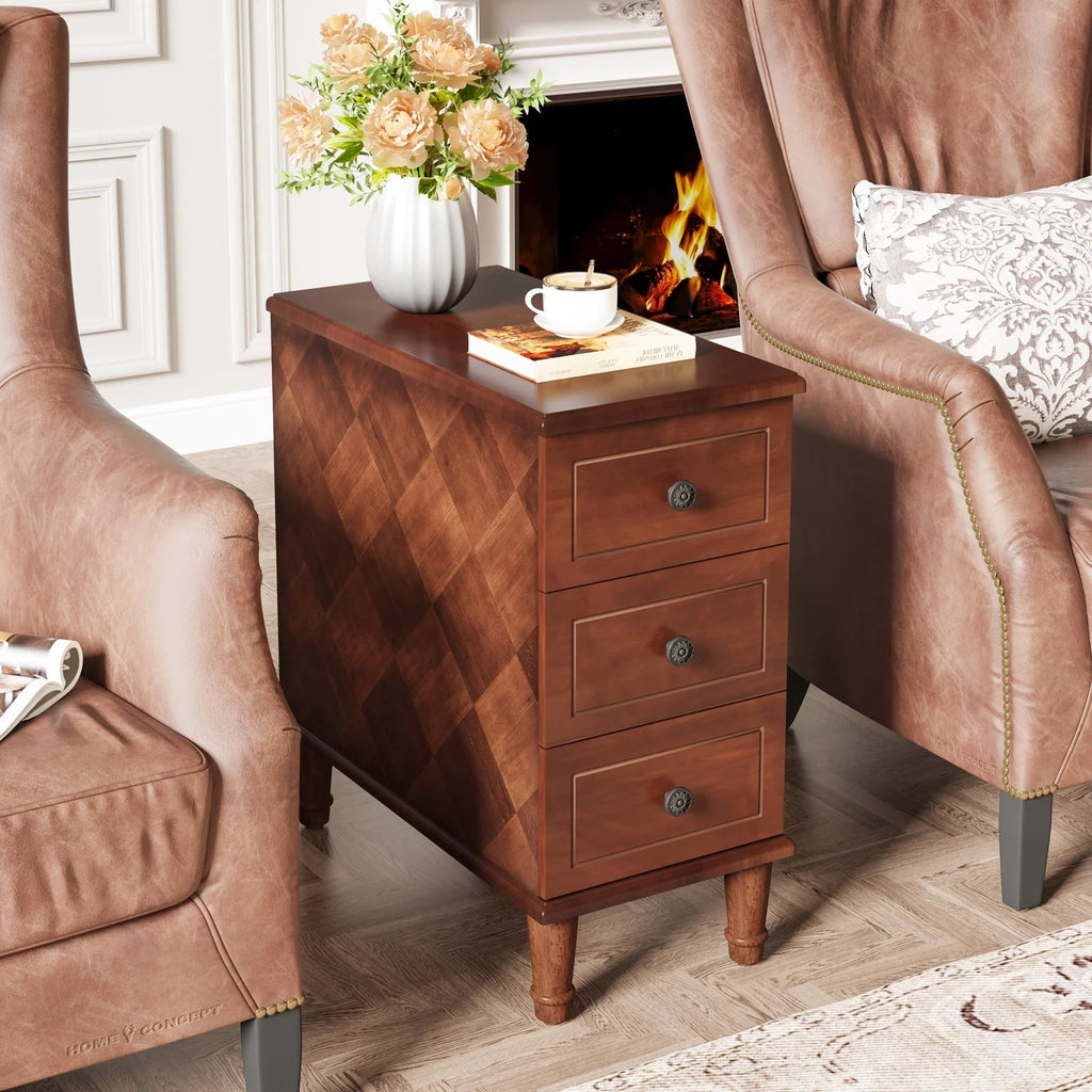 Solid Wood Narrow End Table With 3 Drawers - Fully Assembled