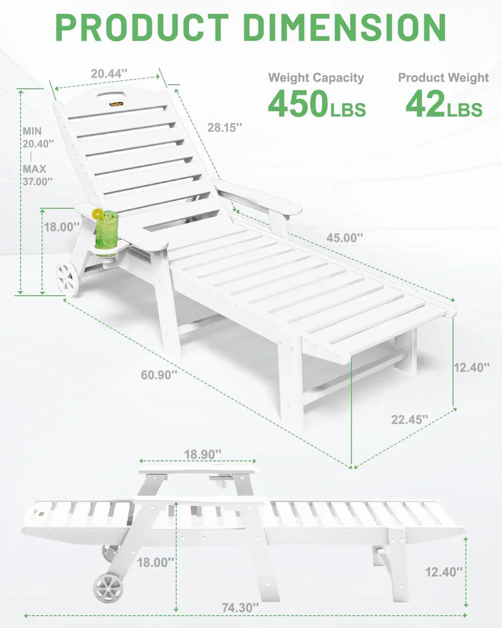 SUUNYN HDPE 6-Position Outdoor Chaise Lounge Chair With Wheels And Cup Holder - Teak