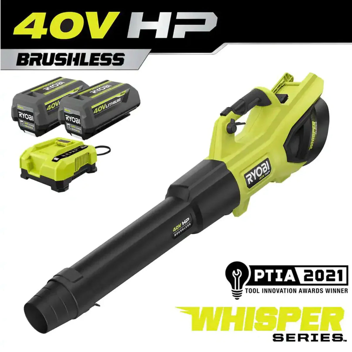 Ryobi 40V HP Brushless Whisper Series Cordless Jet Fan Leaf Blower, 190 MPH 730 CFM, 2 4.0 Ah Batteries And Charger
