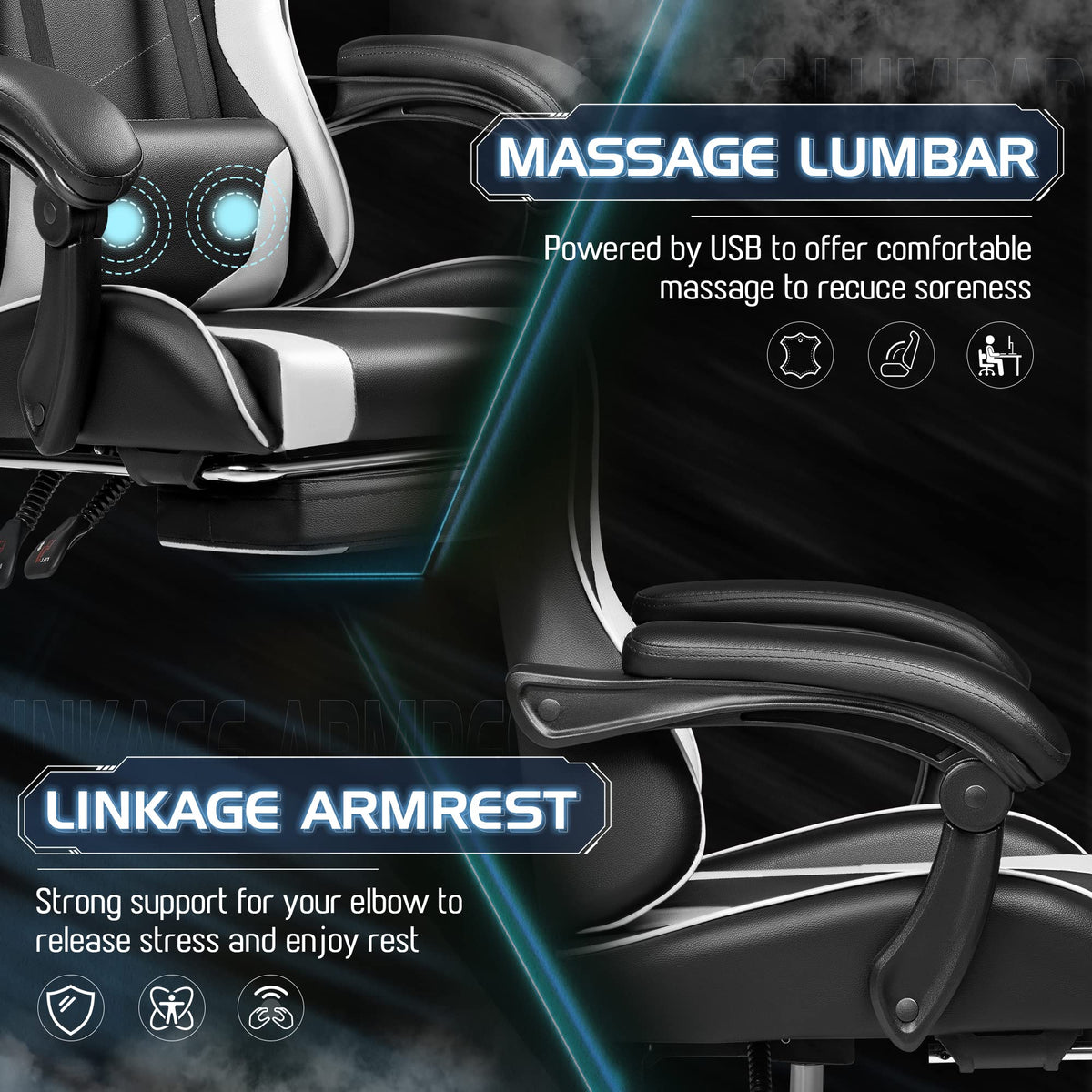 Ergonomic Gaming Chair With Footrest, Massage Lumbar Support, Reclining Backrest And PU Leather