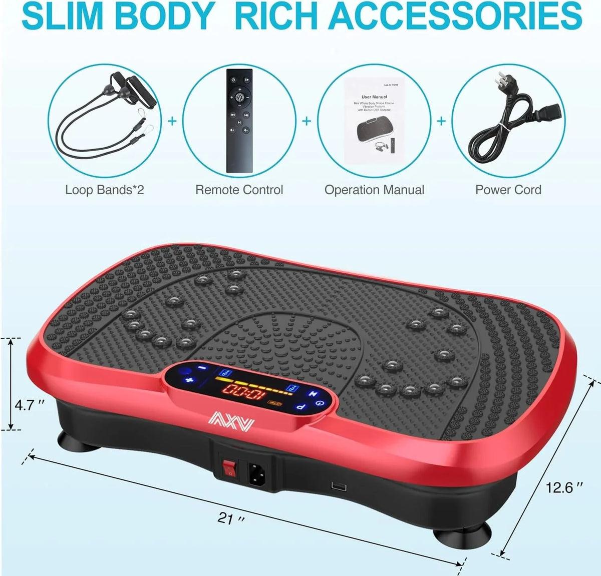 AXV Vibration Plate Fitness Platform, Gray, 2 Resistance Bands - Slim-Gray