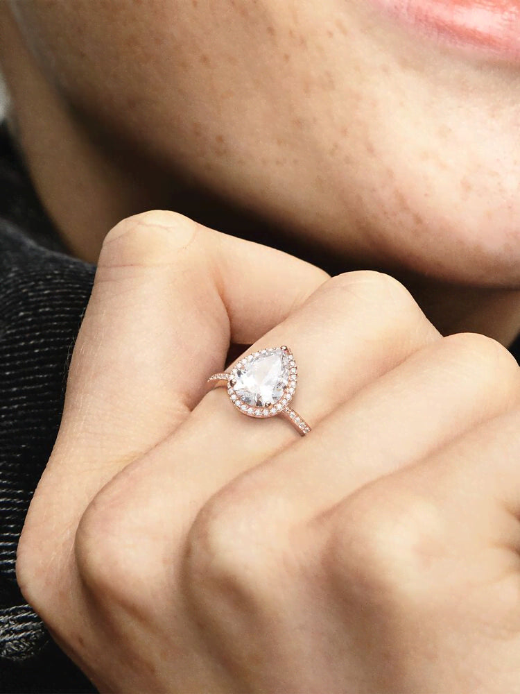 Sparkling Teardrop Halo Ring