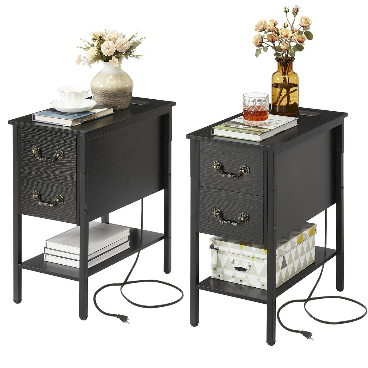 Narrow End Table With Charging Station, 2 Drawers, 19.6 in L x 11.8 in W x 23.6 in H, Gray/Black - 1-pcs / 2-pcs