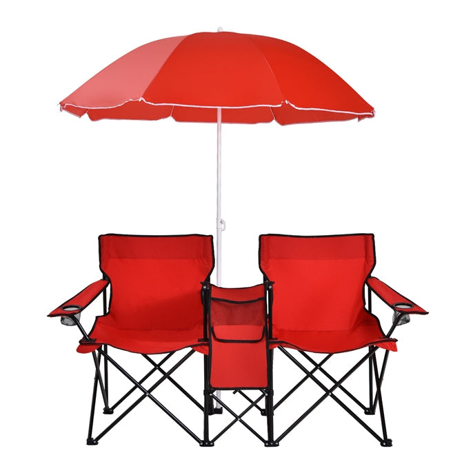 Double Folding Camping Loveseat Chairs With Umbrella, Mini Table And Cooler Bag