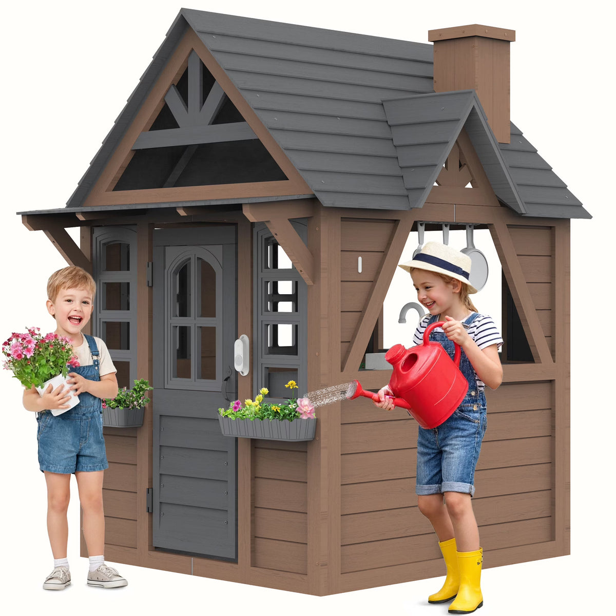 COCLUB Wooden Outdoor Playhouse With Doorbell, Phone And Kitchen Toys, 45in L x 43in W x 65in H