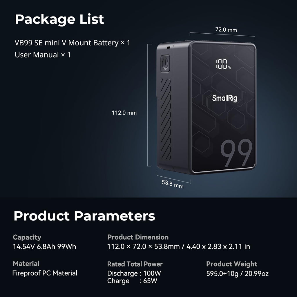 99Wh 6800mAh V-Mount Professional Camera Battery With 65W USB-C PD