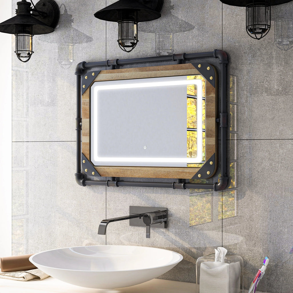 Industrial Metal Wall Mirror With LED Lights, 23.63in H x 31.5in W x 1.5in D