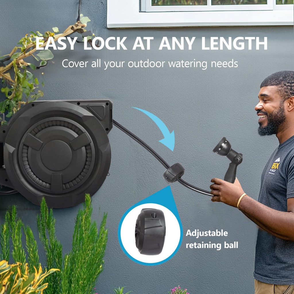 Wall-Mounted Retractable Garden Hose Reel With 100 ft 1/2 Inch Hose And 180 Degree Swivel