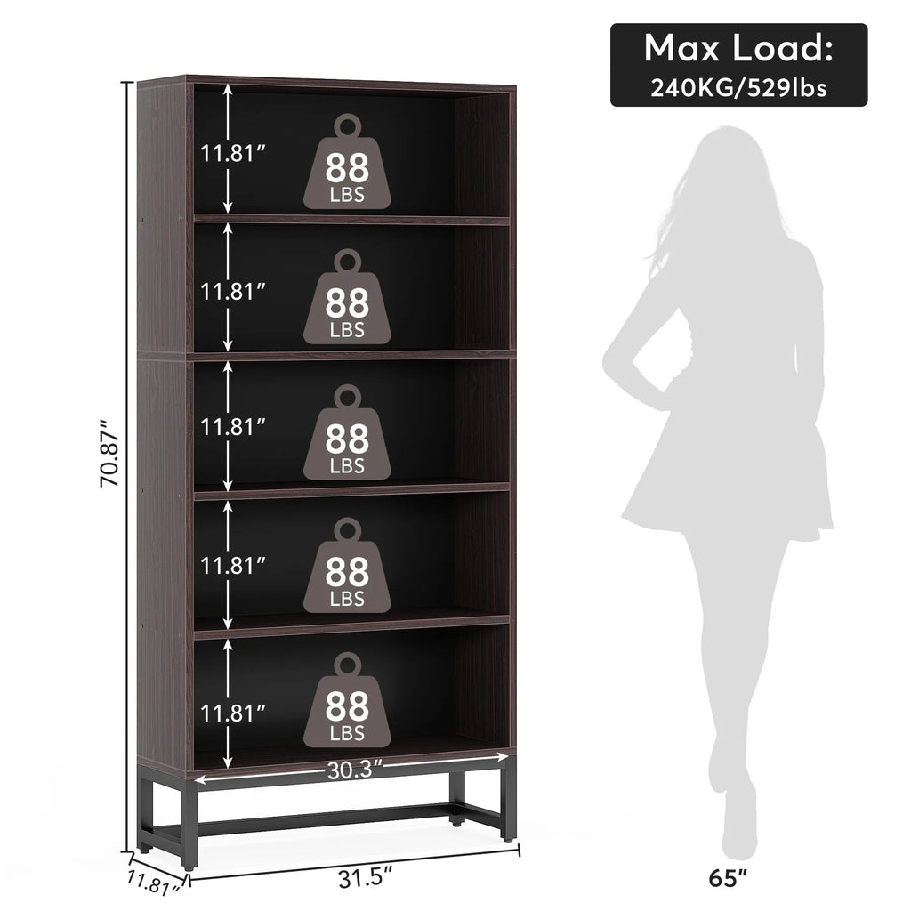 5-Tier Bookcase 31.5 Inch Wide x 11.81 Inch Deep x 70.87 Inch Tall - Sandalwood, Walnut, White, Black