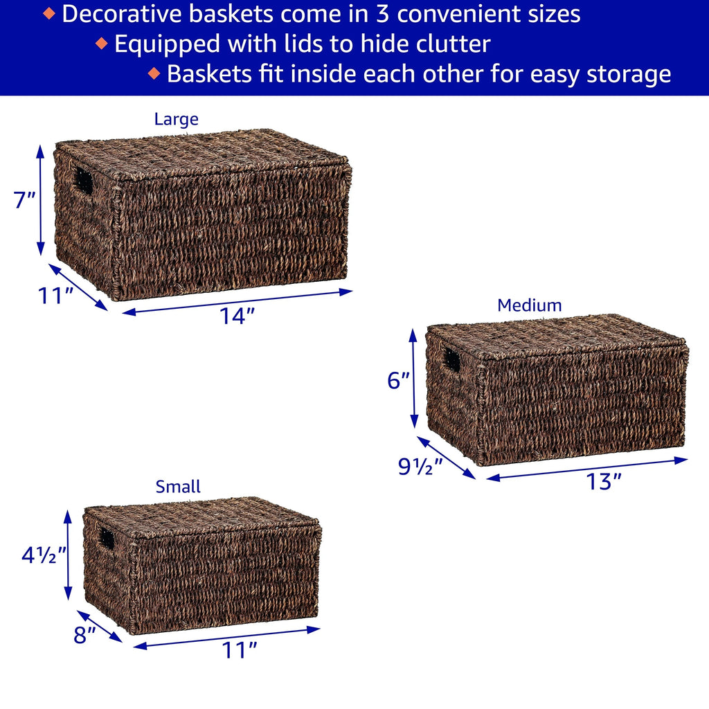 Set Of 3 Small Rectangular Seagrass Storage Baskets With Lids - Natural Beige