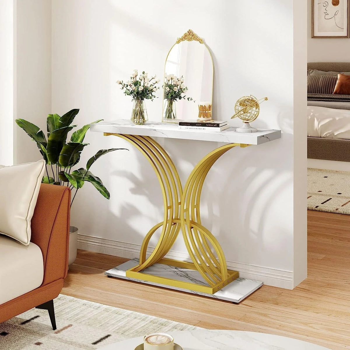 Console Table With Faux Marble MDF Top And Gold Metal Frame