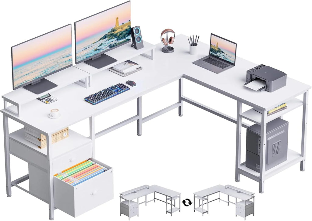 66 Inch Reversible L-Shaped Computer Gaming Desk With Power Outlet, File Drawer, 2 Monitor Stands, Rustic Brown