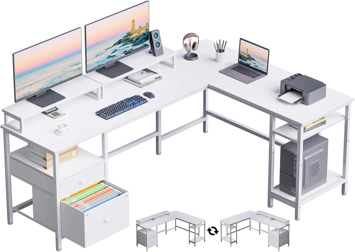 66 Inch Reversible L-Shaped Computer Gaming Desk With Power Outlet, File Drawer, 2 Monitor Stands, Rustic Brown
