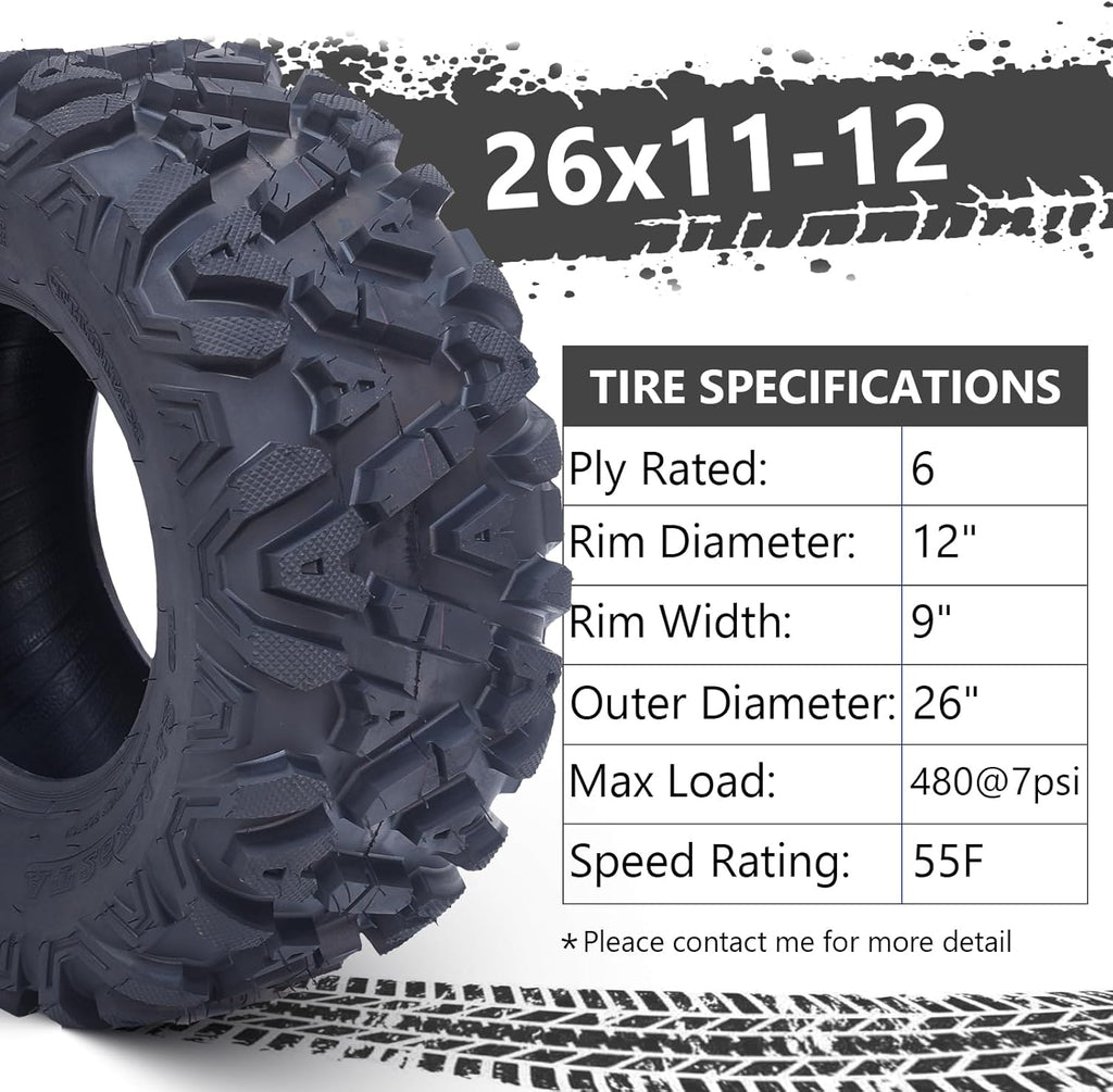 Set Of 2 All-Terrain ATV/UTV Off-Road Tires, 26x12-12, 6PR, Black