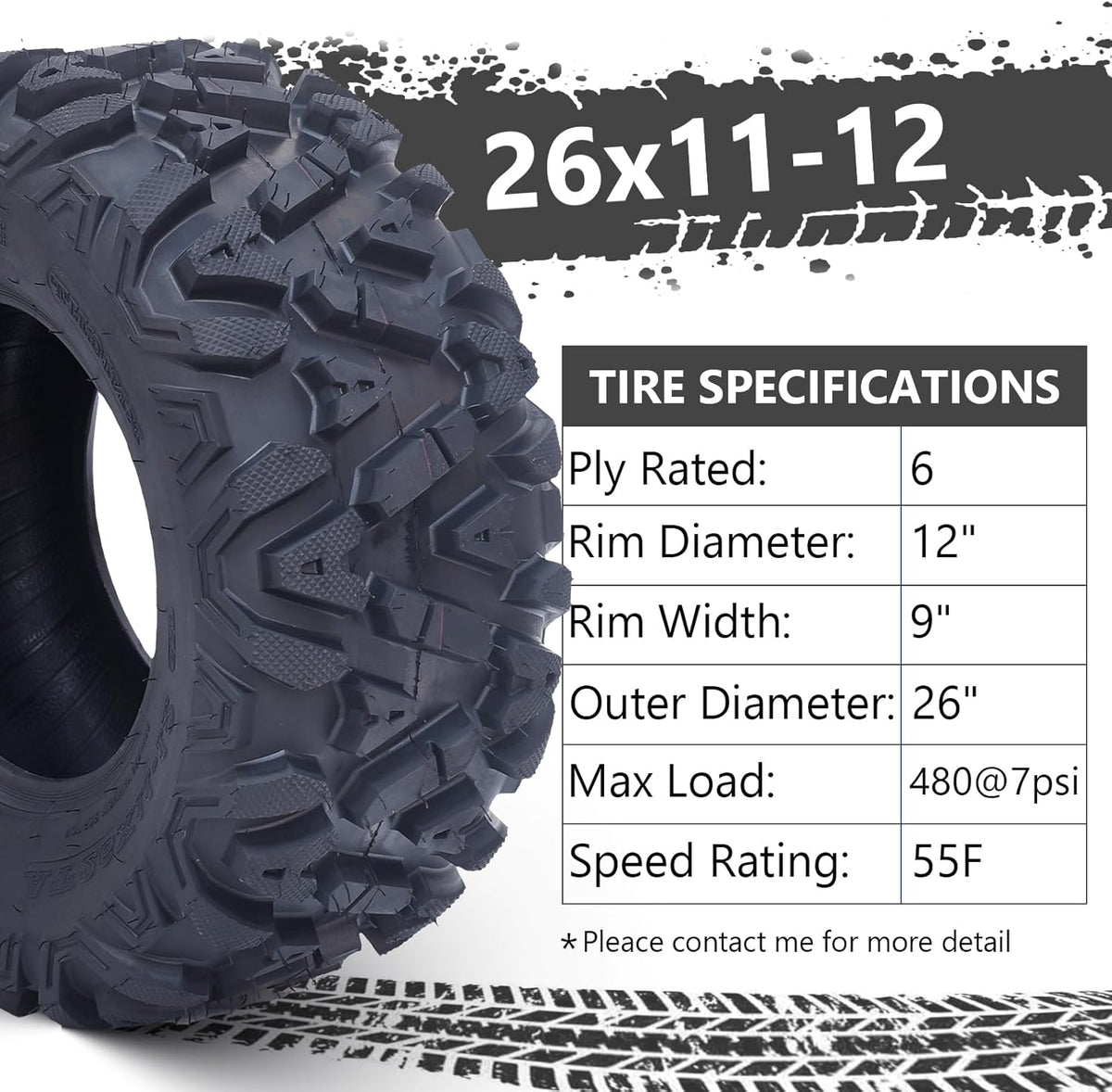 Set Of 2 All-Terrain ATV/UTV Off-Road Tires, 26x12-12, 6PR, Black