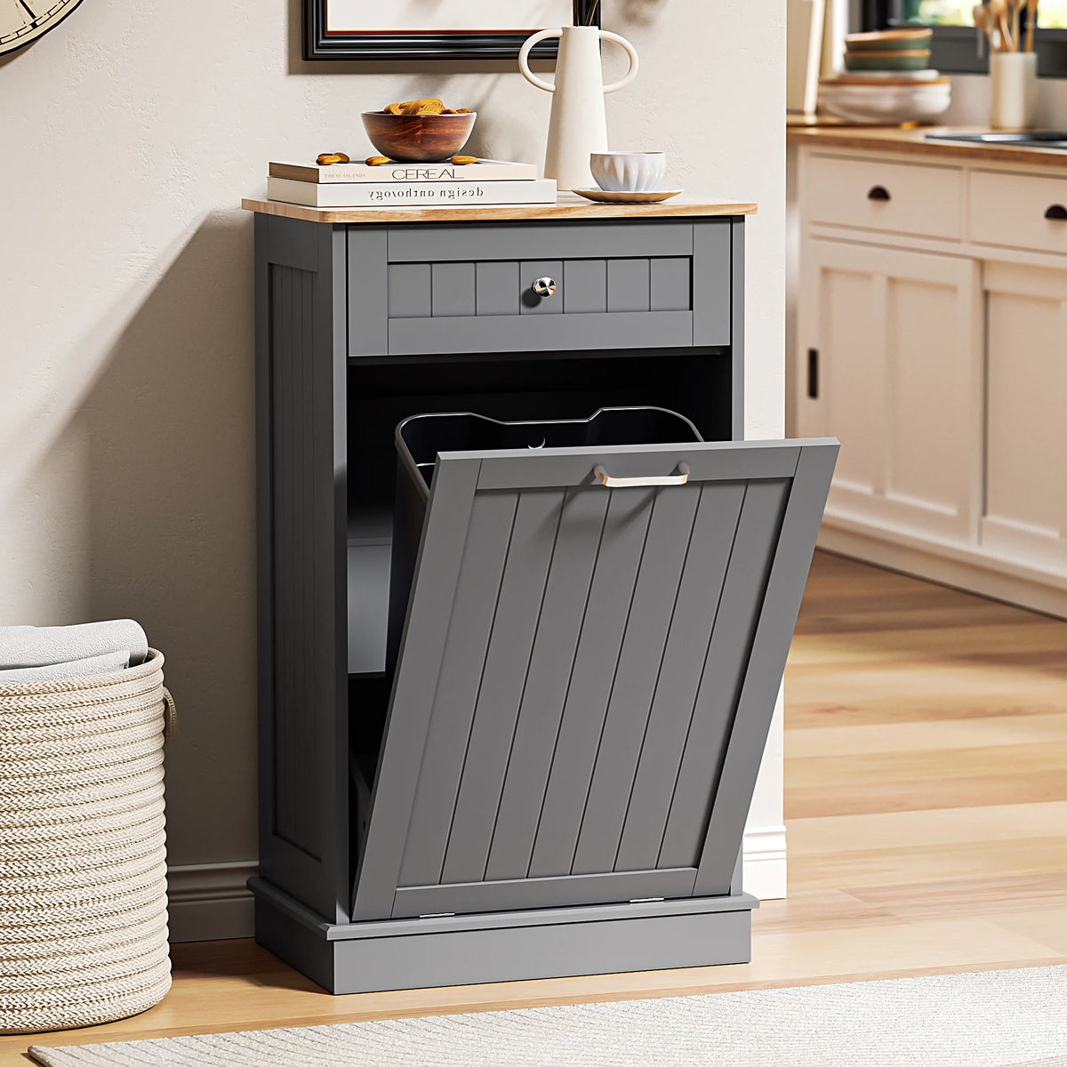 HARIPUL Single Tilt-Out Trash Cabinet For 13 Gallon Waste Bin, White