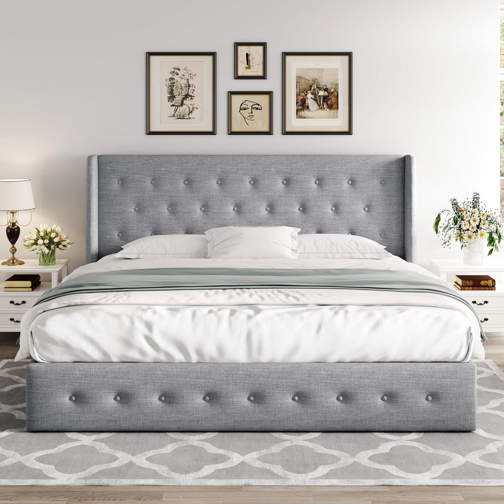 Queen Size Lift-Up Storage Bed With Wingback Headboard, Upholstered Platform Bed Frame With Hidden Storage