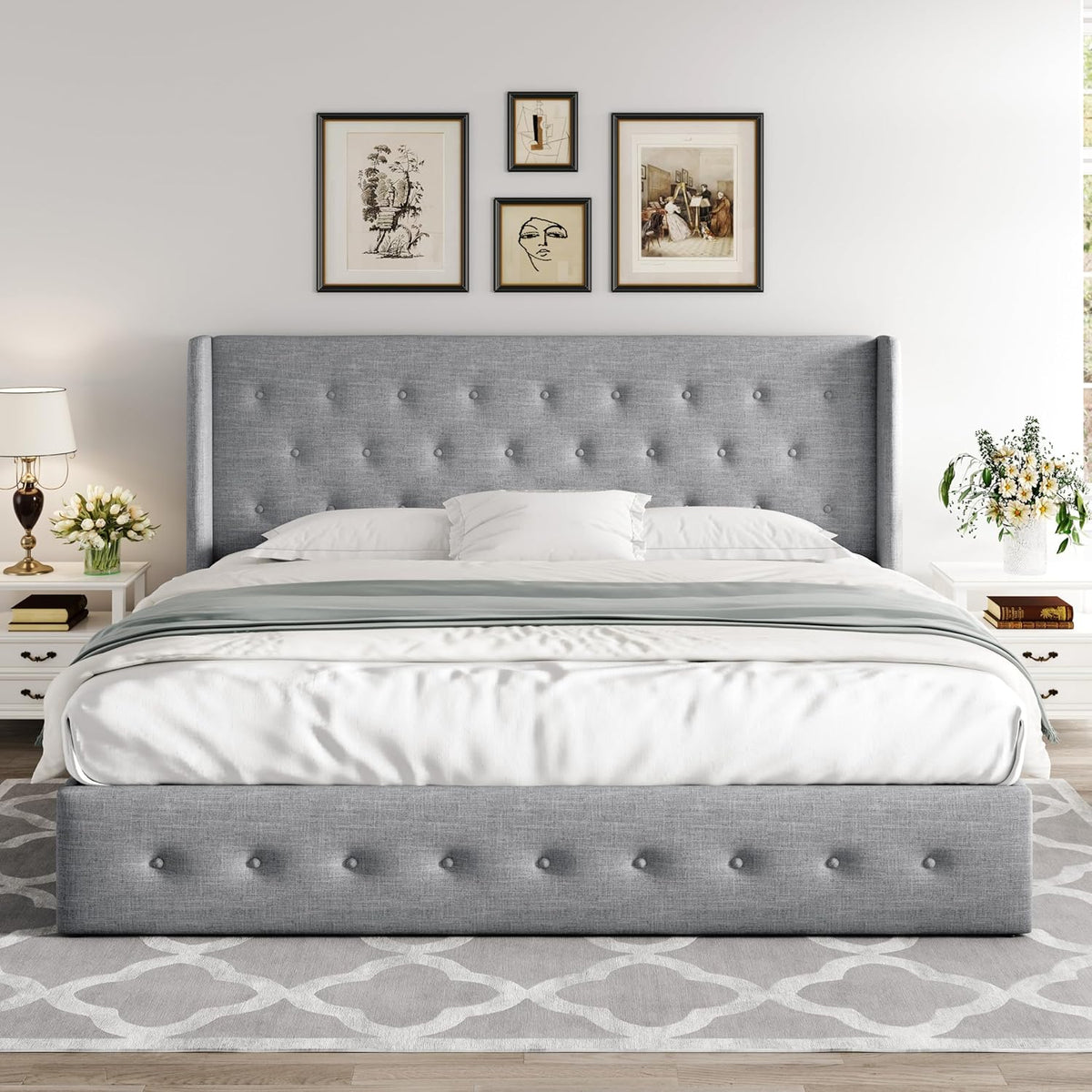 Queen Size Lift-Up Storage Bed With Wingback Headboard, Upholstered Platform Bed Frame With Hidden Storage