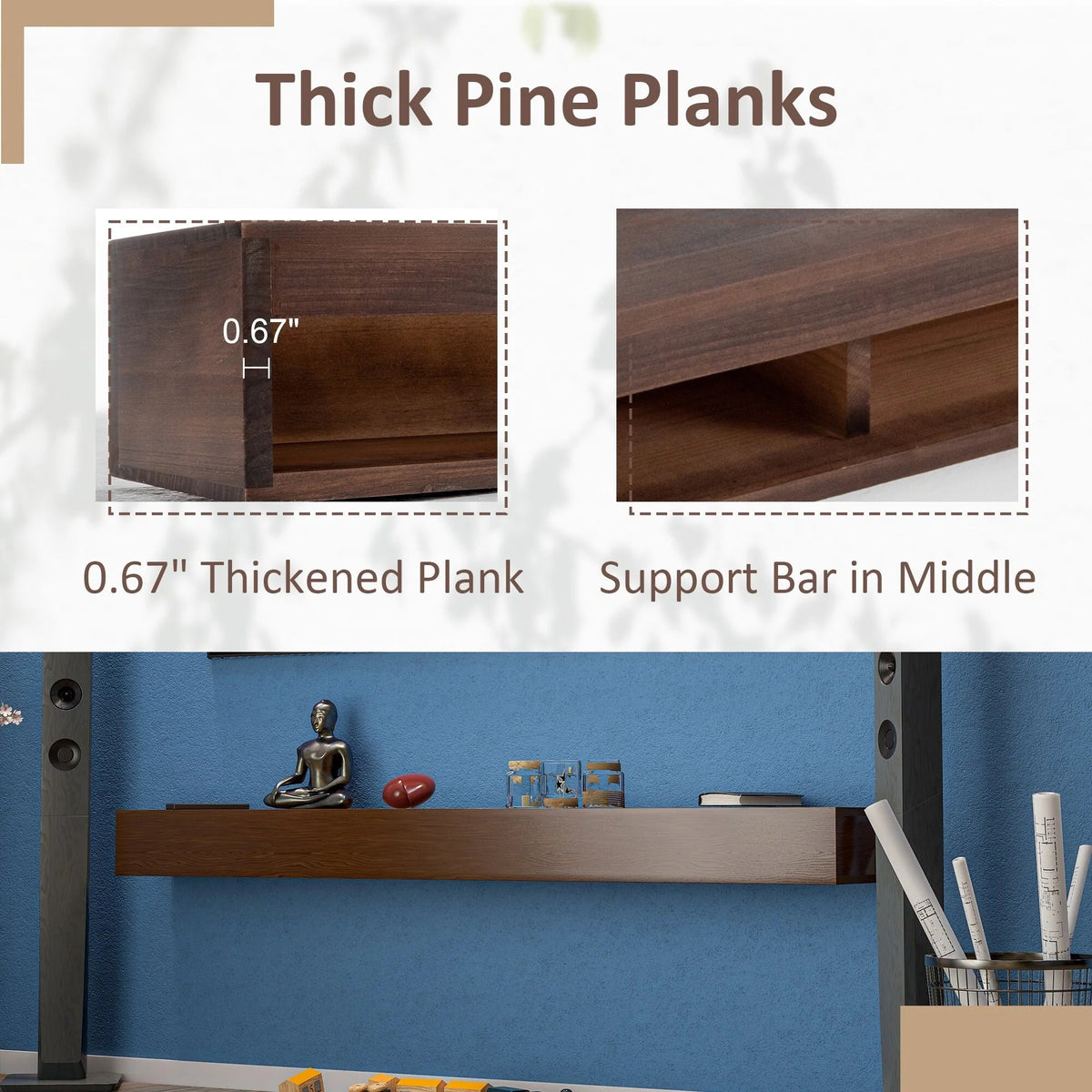 72 Inch Solid Pine Fireplace Mantel Wall-Mounted Floating Shelf - Brown