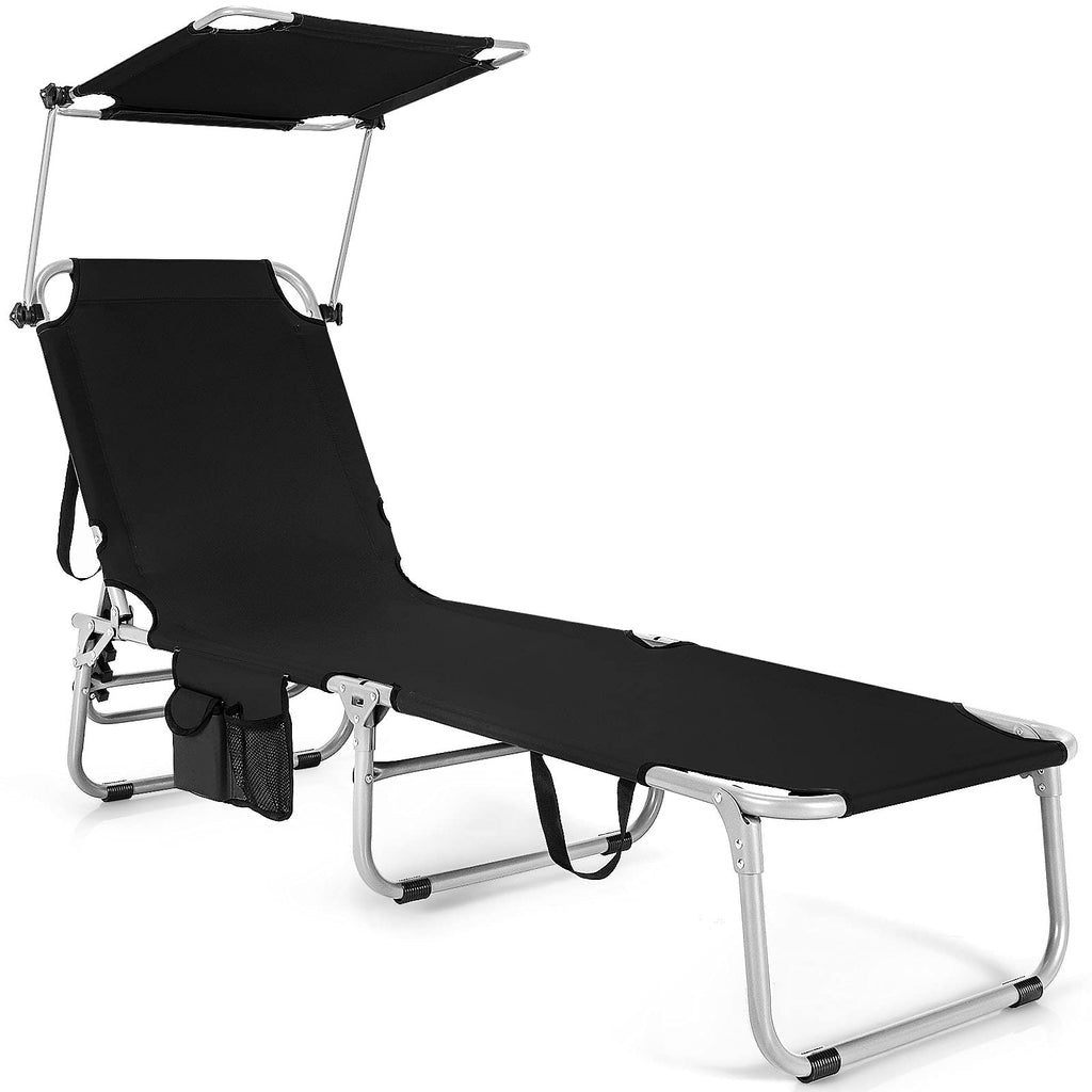 Folding Lounge Chair with Canopy, Storage Pocket, and 5 Adjustable Positions