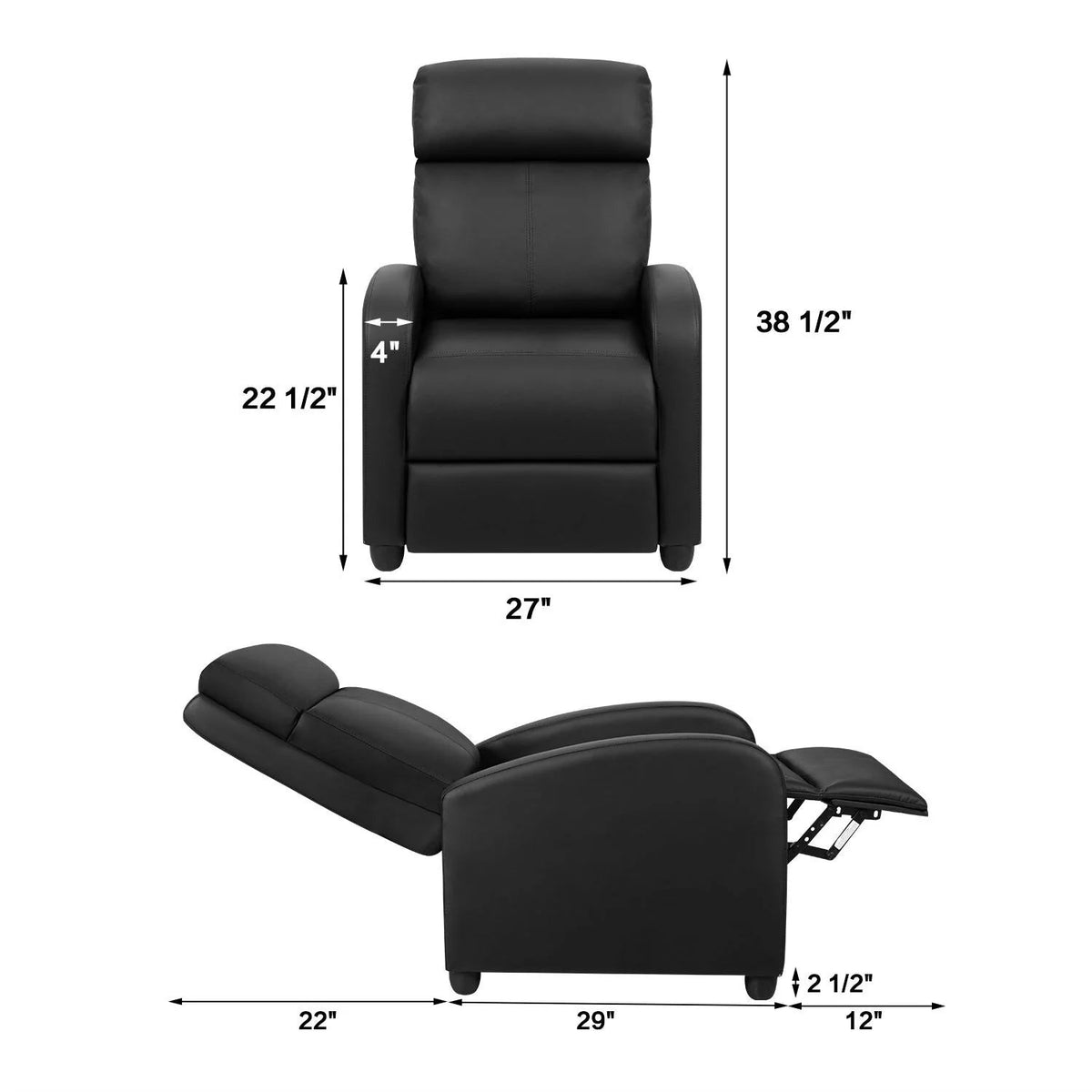 PU Leather Recliner Chair, 27.6 x 35.8 x 38.6 in, 3 Reclining Positions