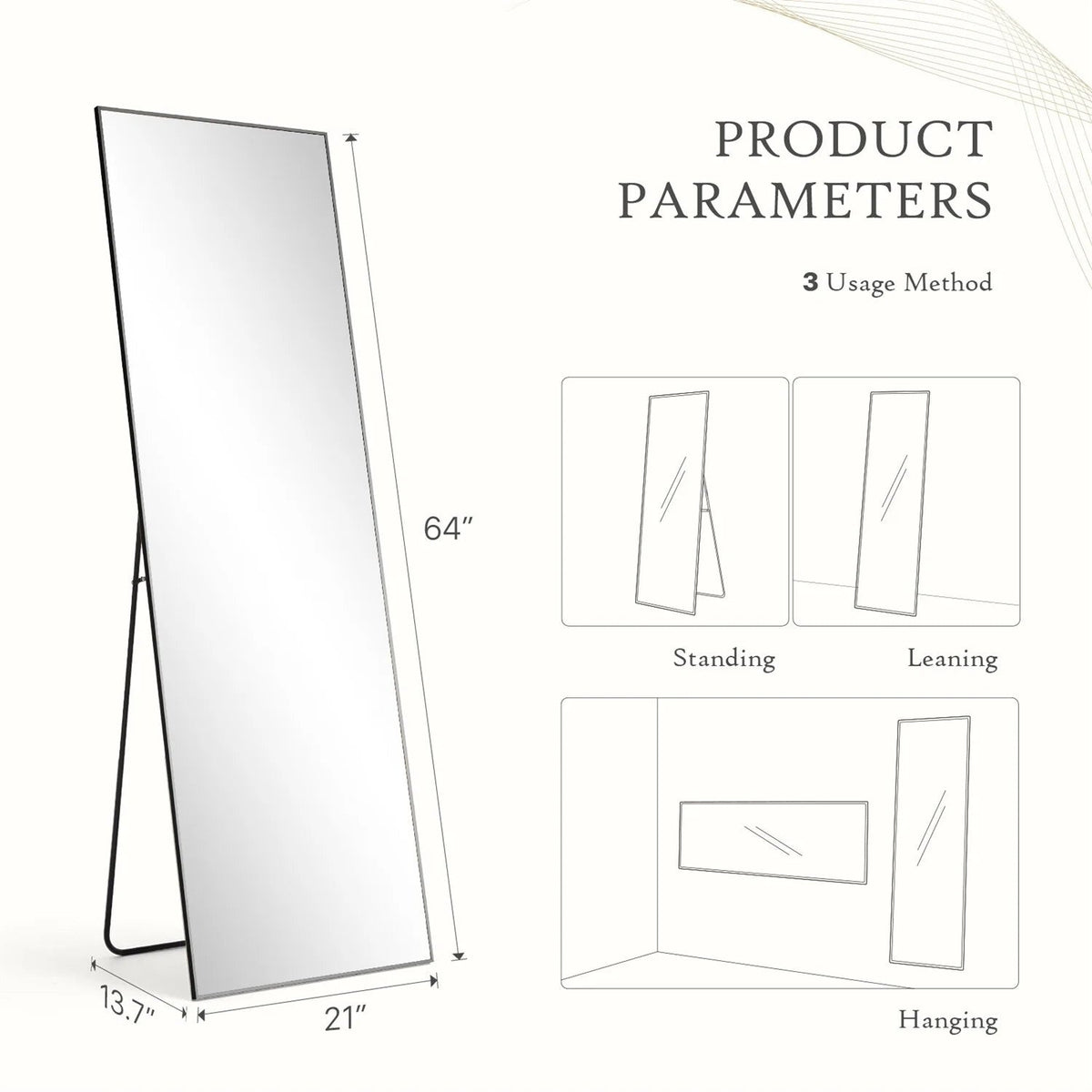 Full-Length Floor Mirror With Stand, Aluminum Alloy Frame - 71x30