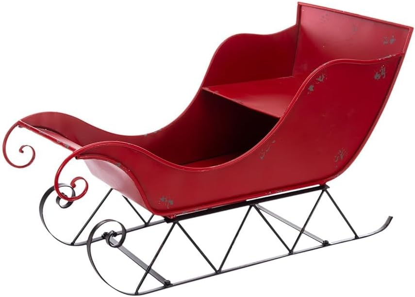 Christmas Sleigh Outdoor Decoration, Large Red Iron, 39 in - Sleigh-L
