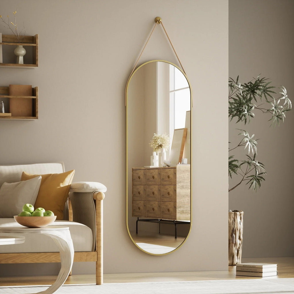 Full Length Wall Mirror, 48 x 16 Inch, Black, Leather Strap