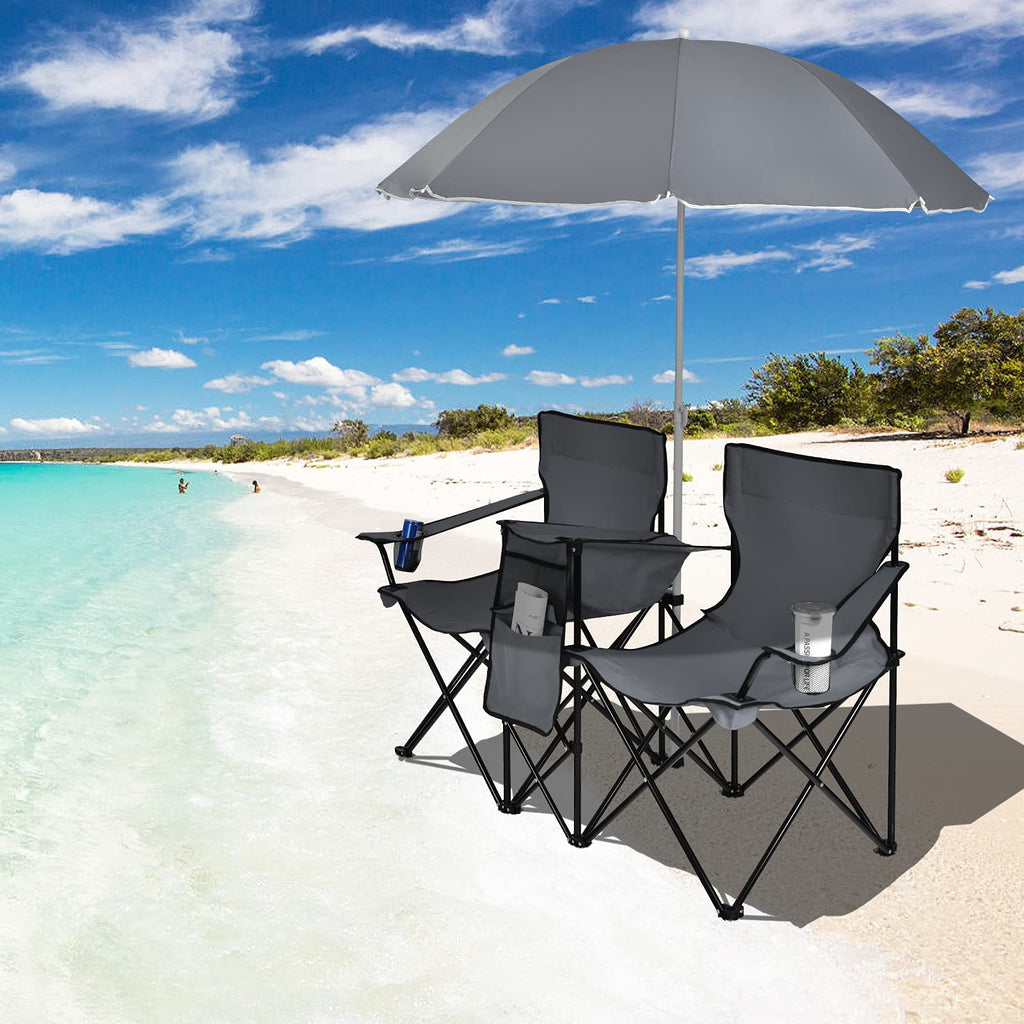 Double Folding Camping Loveseat Chairs With Umbrella, Mini Table And Cooler Bag