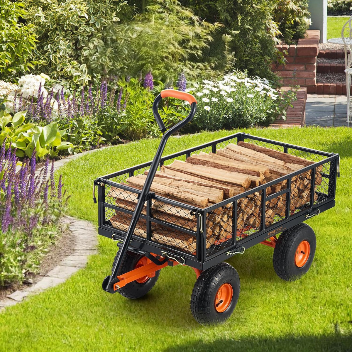Garden Dump Cart Heavy Duty Garden Wagon With Removable Sides, Utility Liner And 10in All Terrain Wheels