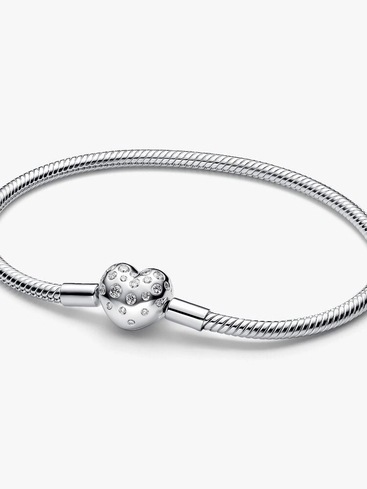 Pandora Sterling Silver Lab-grown Diamond Heart Clasp Snake Chain Bracelet