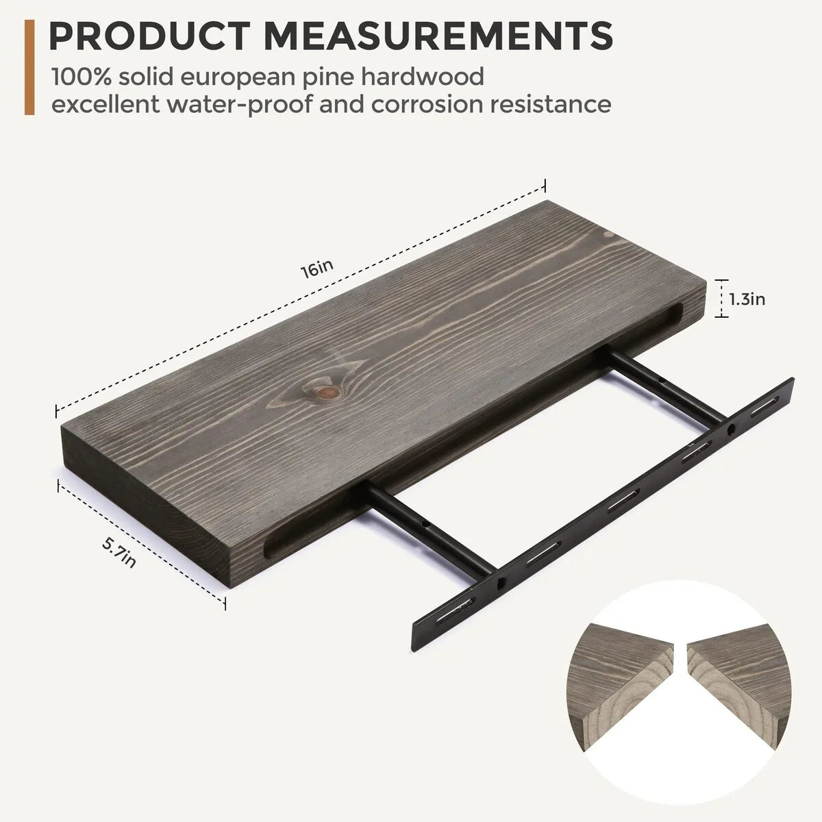 Set Of 2 Handcrafted European Pine Floating Wall Shelves, 16inch/24inch/36inch, Grey/Espresso/Walnut